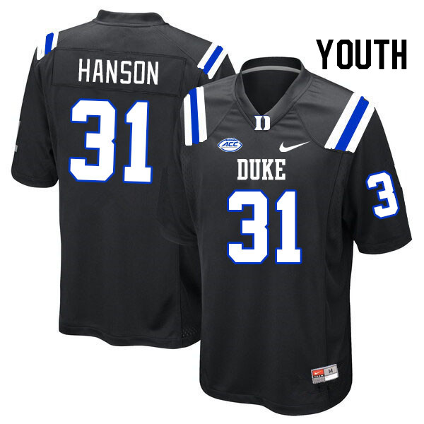 Youth #31 River Hanson Duke Blue Devils College Football Jerseys Stitched Sale-Black - Click Image to Close